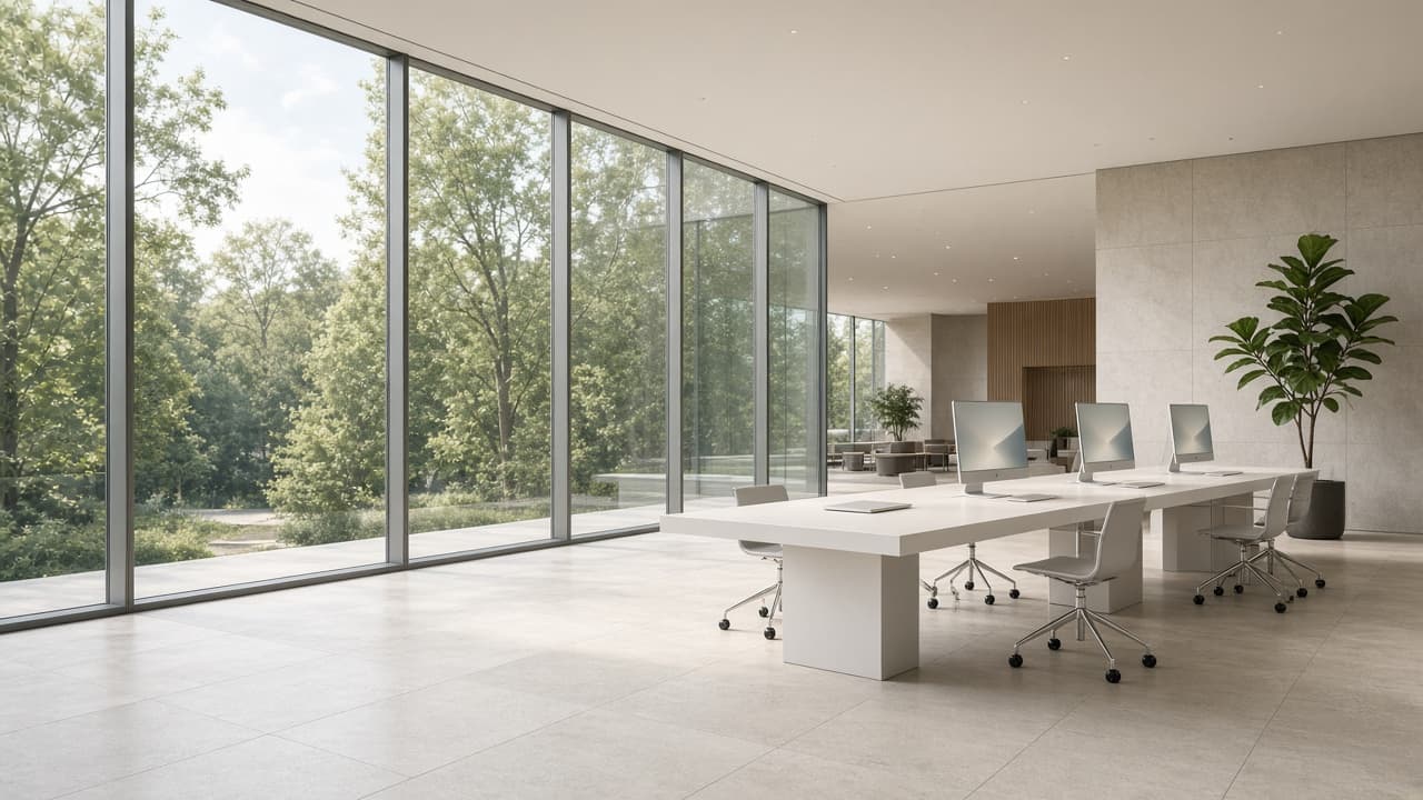 Daylit app design studio with glass walls and open workspaces