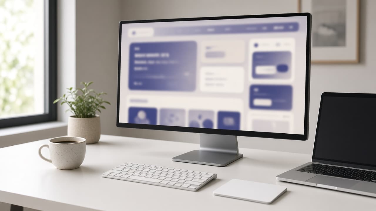 Designer workstation — ultrawide display, laptop and daylight