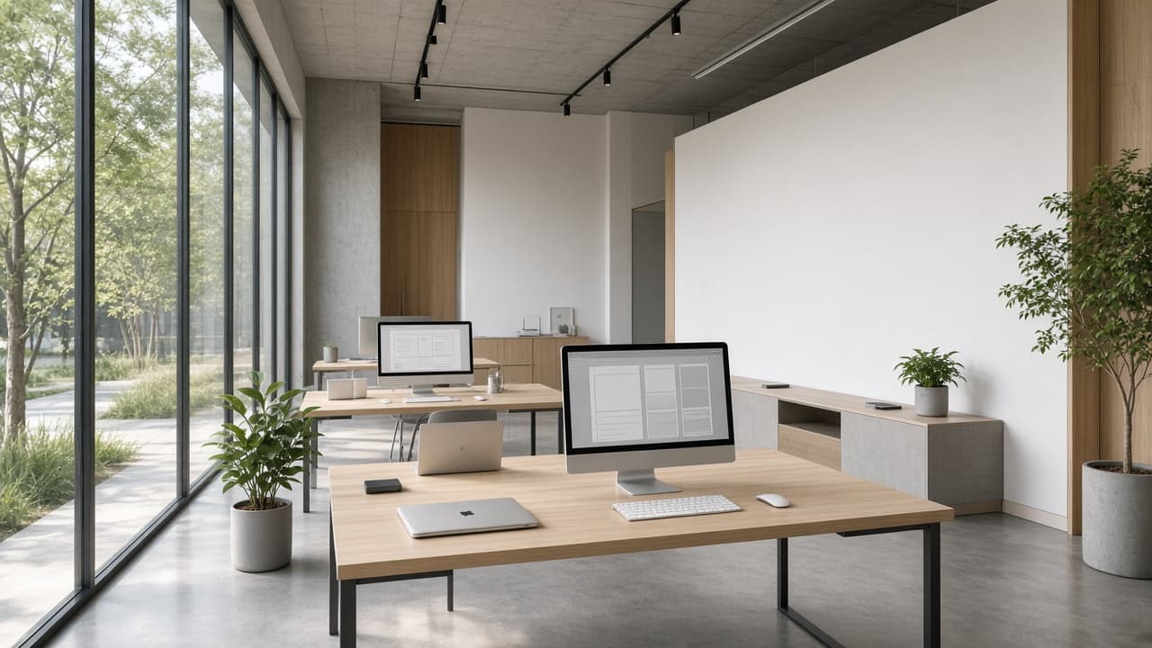 Daylit design studio — glass, oak desks and calibrated monitors